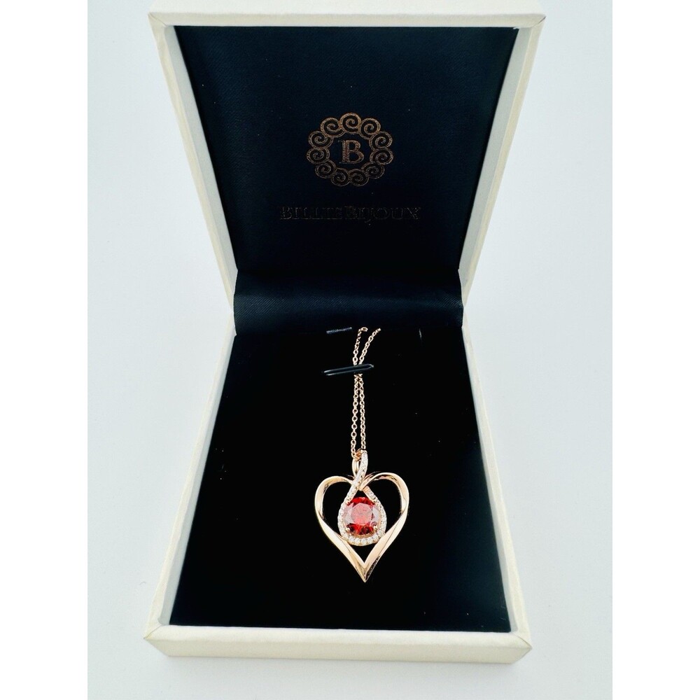 Vintage 925 Vermeil 16” Necklace NOS Red Rhinestone Heart Valentine BILLIEBIJOUX